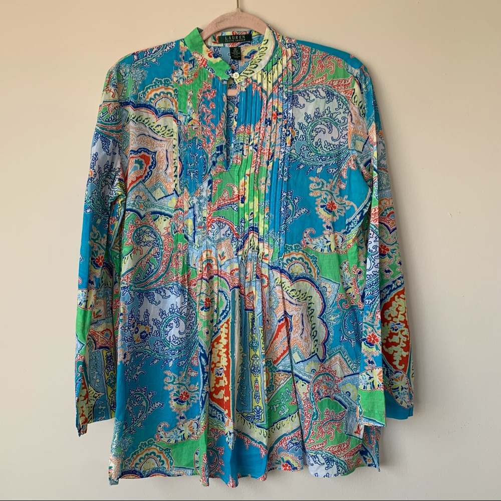 Lauren Ralph Lauren Paisley Print Popover Blouse Pleated Long Sleeve Size Medium